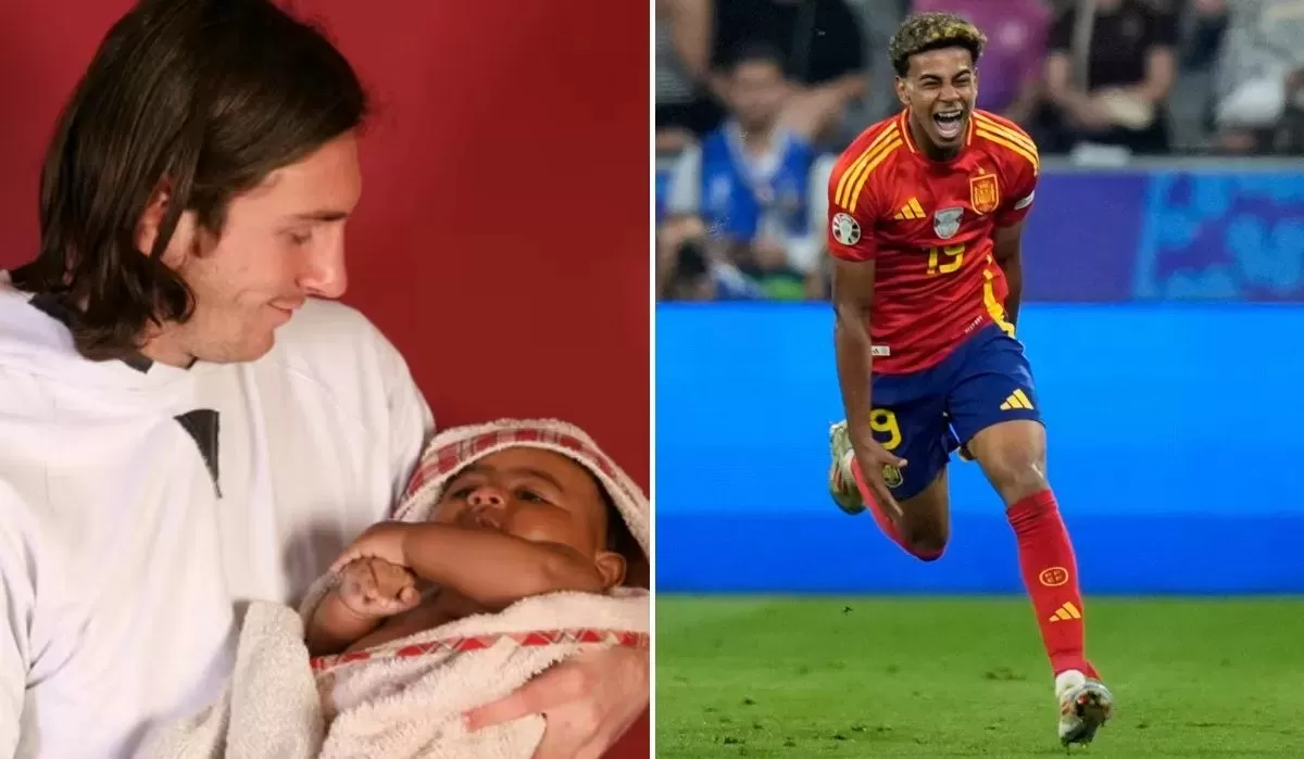 MOMEN LANGKA: Siapa sangka, bayi yang digendong Lionel Messi 17 tahun lalu adalah wide attacker Spanyol, Lamine Yamal. (Sachin Jose/AP) 